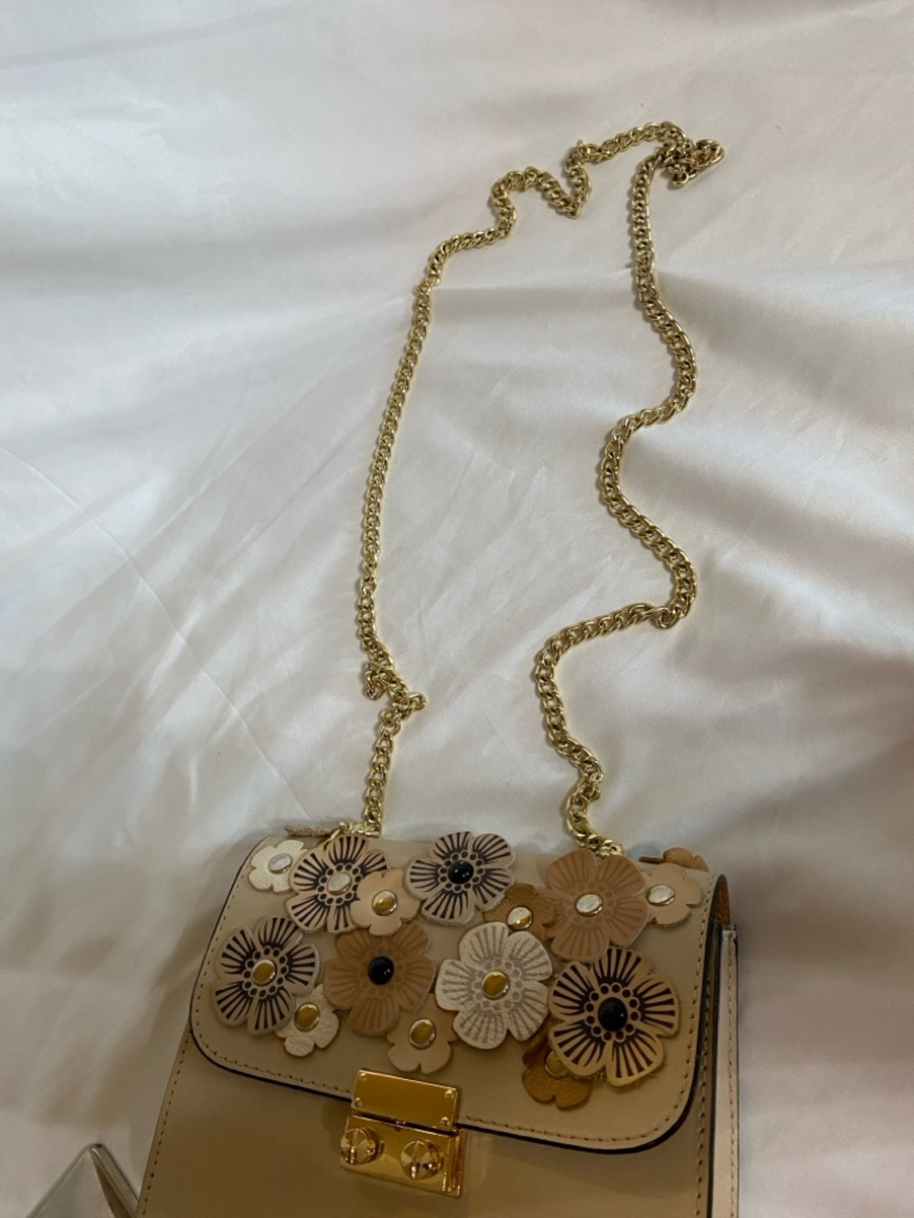 Beige Floral Italian Leather Shoulder Bag, Dinky Size w/Tea Rose Appliqué - Picture 14 of 16